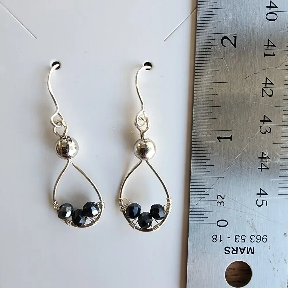 Teardrop Earrings Handcrafted Copper Wire, Silver Plated, Tourmaline, 1.75 in